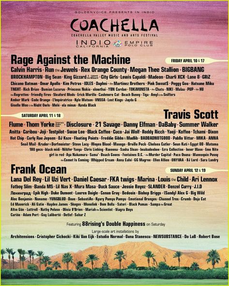 Coachella Music And Arts Festival 2020 Coachella Poster, Coachella Lineup, Coachella 2020, Martinez Brothers, Coachella 2022, Kyary Pamyu Pamyu, Coachella 2019, Denzel Curry, Run The Jewels