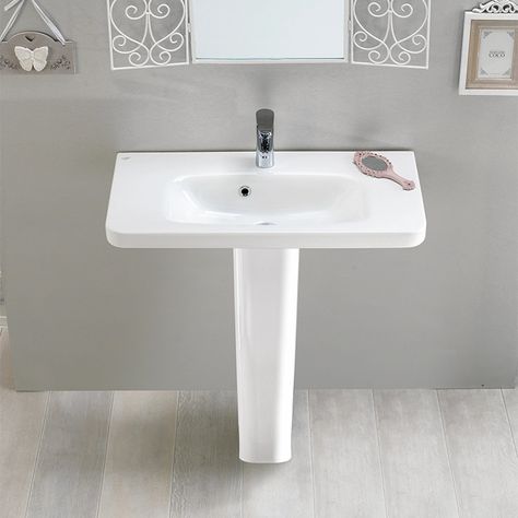 Modern 31.5 inch wide rectangular pedestal sink. Available in one faucet hole, this sink is perfect for modern bathrooms. Sink is made of ceramic and includes an overflow. Made and designed by high-end and well known Turkish brand CeraStyle. Powder Room Pedestal Sink, Old House Decorating, Modern Pedestal Sink, Luxury Bathroom Sinks, Ceramic Pedestal, 2024 Bathroom, Pedestal Bathroom Sink, Wall Mounted Bathroom Sinks, Lavatory Sink