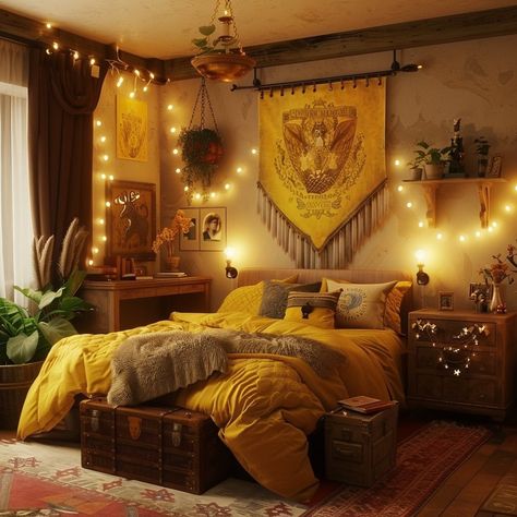 Martina | Welcome to Hufflepuff ,hard work, dedication, patience, loyalty, and fair play • • Hufflepuff Magic Hogwarts… | Instagram Harry Potter Loft Bed, Hufflepuff Dorm Room Shifting, Harry Potter Bedroom Hufflepuff, Hufflepuff Dorm Aesthetic, Harry Potter Aesthetic Bedroom Ideas, Hufflepuff Common Room Bedrooms, Hufflepuff Aesthetic Bedroom, Hufflepuff Bedroom Decor, Cozy Harry Potter Room