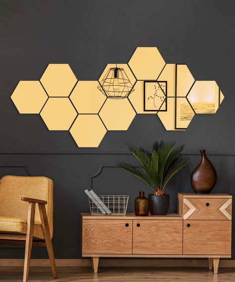 Hexagon Mirror Wall Decor, Honeycomb Mirror, Diy Mirror Wall Decor, Hexagon Decor, Wall Mirror Decor Living Room, Diy Mirror Wall, Mirror Decor Ideas, Mirror Decor Living Room, Hexagon Mirror