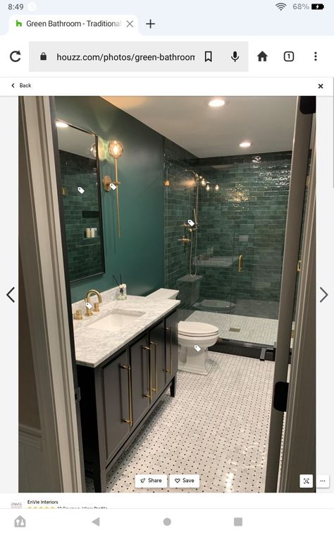 Bedrosian Chloe Green, Black Floor Green Tile Bathroom, Green Subway Tile Bathroom Ideas, Dark Green Subway Tile Bathroom, Green Glass Tile Bathroom, Dark Green Subway Tile, Black And Green Bathroom Ideas, Black Subway Tile Bathroom, Marble Subway Tile Bathroom