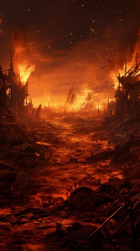 Burning Village Aesthetic, Nuclear Warfare Aesthetic, Fire Aesthetic Background, Nuclear Apocalypse Aesthetic, Magic Apocalypse, Warfare Aesthetic, Fallout Painting, Nuclear Aesthetic, Apocalypse Painting