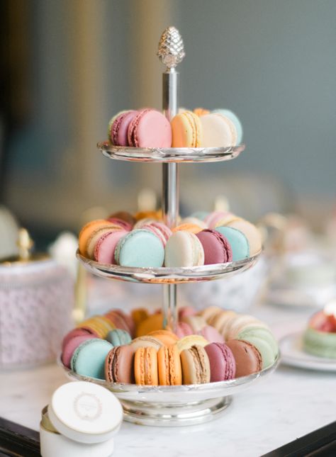 Macaron tower: http://www.stylemepretty.com/living/2015/09/30/tea-time-and-macarons-with-laduree-soho/ | Photography: Rebecca Yale - http://rebeccayalephotography.com/ Spring Tea Party, Classic French Desserts, Macaron Tower, Bridal Tea Party, High Tea Party, Shower Desserts, Bridal Shower Inspiration, Spring Tea, French Dessert