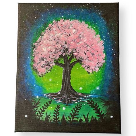 Handmade Painting Of A Mystical Fairy Pink Tree The Pink Blossoms Look Like Cherry Blossoms In A Mystical Grove With Twinkling Fairy Lights Pink Tree Against A Blue, Green, And Black Background Measures Approx 8x10 Inches Stretched Canvas On Wood Frame Allows For Easy Mounting With Either A 3m Mounting Strip, Mounting Squares, Or A Regular Nail Or Hook Perfect For A Child's Room Or Anywhere You Want To Achieve A Bit Of Peace And Zen Botanical Dorm Decor Rustic Farmhouse Teerexbaby Cherry Blossom Color, Tree Cherry Blossom, Green And Black Background, Painting Fairy, Mystical Fairy, Pink Tree, Rock Painting Ideas Easy, Pink Trees, Pink Blossom