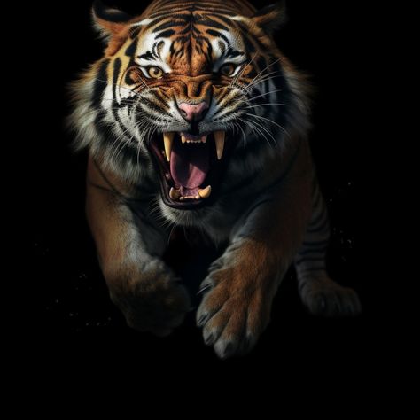 "In a fierce display of power and raw instinct, the tiger strikes a commanding pose, embodying untamed strength and primal elegance." Attacking Pose, Tiger Attacking, Tiger Attack, Angry Tiger, Color Grouping, Weird Animals, The Tiger, Big Cats, Tigers