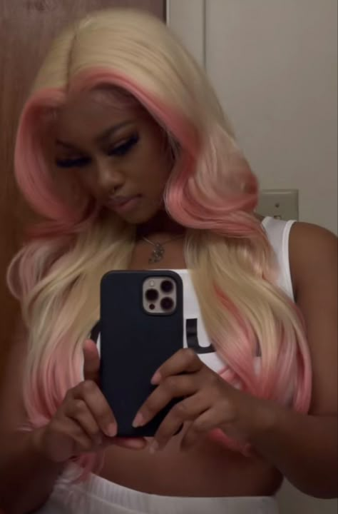 Blonde And Pink Black Women, Blonde With Pink Tips, Vice Unit 10, Blonde Wig With Pink Highlights, Blonde Hair With Black Tips, Pink Hair Blonde, Blonde Pink Wig, Blonde Wig With Pink Skunk Stripe, Cool Wig