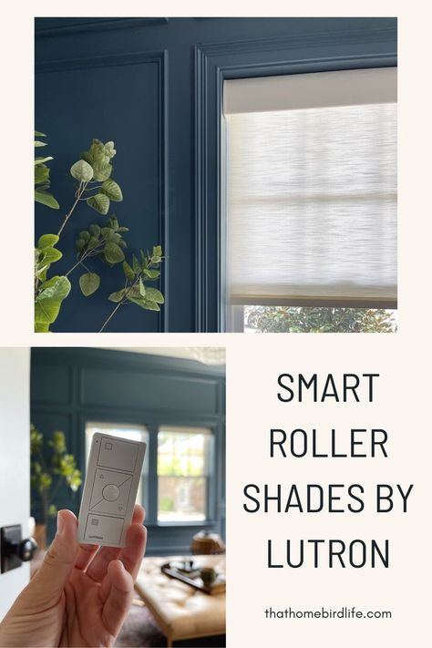 Close up photo of a roller shade with remote control. Text reads "Smart Roller Shades by Lutron" Serena By Lutron, Lutron Serena Shades, Fabric Window Shades, Motorized Window Shades, Smart Shades, Motorized Shades, Easy Home Improvement, Cellular Shades, The Den