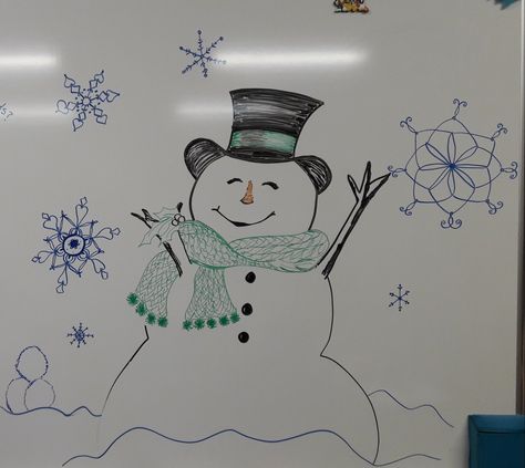 Snowman Whiteboard Art Christian Whiteboard Art, Winter Dry Erase Board Art, Whiteboard Christmas Drawings, Whiteboard Art Christmas, Bulletin Board Ideas Funny, Winter Whiteboard Art, Winter White Board Ideas, White Board Christmas Drawings, January Whiteboard Ideas