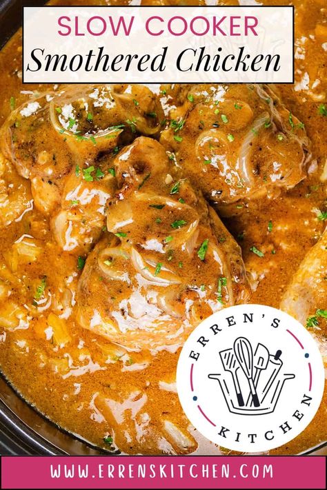 Smothered Chicken Thighs and Gravy Smothered Chicken With Gravy Crock Pots, Insta Pot Chicken Thighs Recipes Easy, Smothered Chicken Crockpot Slow Cooker, Chicken Thighs And Gravy, Crockpot Smothered Chicken, Smothered Chicken Thighs, Chicken Thighs Slow Cooker Recipes, Smothered Chicken Recipe, Smothered Chicken Recipes