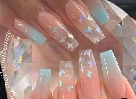 Nail Designs With Clear Nails, Cute Nails Acrylic Coffin Blue, Cuffing Nail Design, Acrylic Nails For Birthday Summer, Spring Nails Butterflies, Birthday Nails Summer, Clear Nails With Design, Uñas Aesthetic