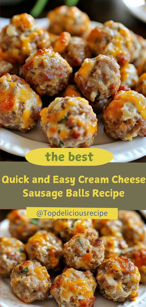 Discover the ultimate quick and easy recipe for cream cheese sausage balls! This simple yet flavorful appetizer combines just a few ingredients, including delicious breakfast sausage and creamy cheese, to create mouthwatering bites ready in under 30 minutes. Perfect for gatherings or as a snack, these cheesy sausage bites are sure to impress your guests. Plus, you can easily customize the flavors to match your preferences. Bake a batch today and watch them disappear in no time! Recipe For Cream Cheese, Cheese Sausage Balls, Cream Cheese Sausage, Sausage Bites, Cream Cheese Sausage Balls, Sausage Balls Recipe, Sausage Balls, Easy Cream, Cheese Sausage