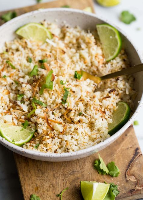 Coconut Lime Cauliflower Rice - Wholesomelicious Asian Noodle Soups, Coconut Cauliflower Rice, Lime Cauliflower Rice, Coconut Cauliflower, Asian Soup Noodle, Keto Vegetables, Noodle Soups, Riced Cauliflower, Cauliflower Rice Recipes