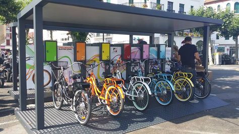 Electric bicycle solar charging stations - France. E Bike Charging Station, Bicycle Station, Solar Charging Station, Smart Parking, Urban Design Plan, Arch House, Charging Stations, Pedal Power, Bike Parking