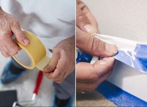 Masking tape is strong and sticky, while painter's tape is made to be easy for removal with less adhesive. Read more about which one is best for your next DIY project! | Masking Tape vs. Painter’s Tape: Selecting the Right Supply for Your Painting Project Tape Painting, Bob Vila, Drop Cloth, Straight Edges, Drip Painting, Find Color, Painters Tape, Paint Furniture, Paint Cans