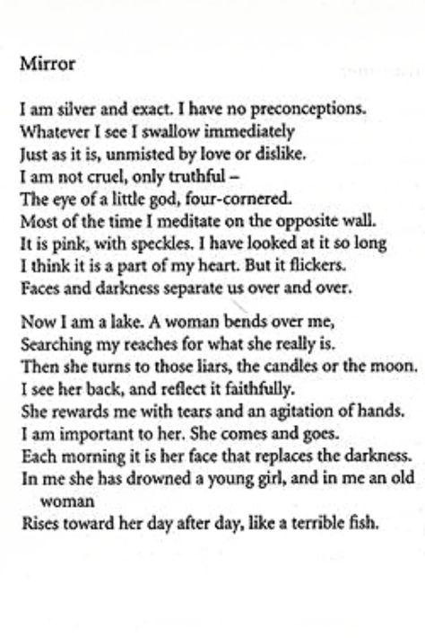 Mirror Sylvia Plath Poem, Sylvia Plath Love Poems, Mirror By Sylvia Plath, Mirror Poem, Mirror Sylvia Plath, Sylvia Plath Poetry, Salvia Plath, Sylvia Plath Poems, Plath Poems