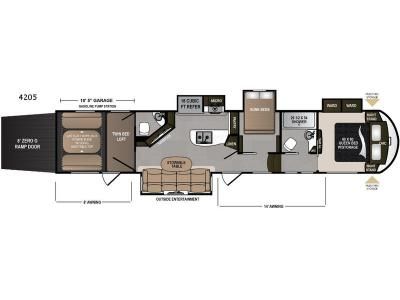 New 2019 Dutchmen RV Voltage V4205 Toy Hauler Fifth Wheel at General RV | Draper, UT | #175208 Toy Hauler Rv Floor Plans, Travel Trailer Toy Hauler, Toy Hauler Floor Plans, 5th Wheel Toy Hauler, Toy Hauler Rv, Camper Flooring, Toy Hauler Camper, Camp Trailers, Rv Floor Plans