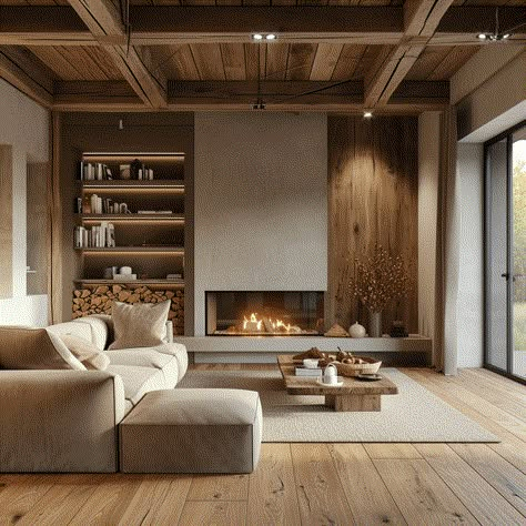 30 Stylish Fireplace Ideas to help you design instantly Fireplace With Tv Beside, Modern Asymmetrical Fireplace, Floating Corner Fireplace, Fireplace Ideas With High Ceilings, Fire Interior Design, Japandi Chimney, Interior Design Living Room With Fireplace, Corner Fireplace Shelves, Travertine Fireplace Ideas