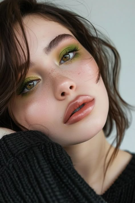 Green Makeup For Hazel Eyes, Natural Colorful Makeup, Bright Green Eyeshadow, Simple Fall Makeup Looks, Eyeshadow Looks Green, Bold Eye Makeup Looks, Green Wedding Makeup, Make Up Green, Green Eyeshadow Looks