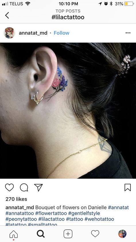 Peony Tattoo Behind Ear, Flower Bouquet Tattoo Behind Ear, Ear Lobe Tattoo, Lilac Tattoo, Flower Bouquet Tattoo, Tattoo Behind Ear, Peony Tattoo, La Tattoo, Bouquet Tattoo