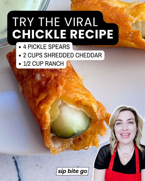 Let’s make the viral CHICKLE recipe that’s taking over tik tok, youtube and Instagram! It’s basically a low carb pickles and cheese snack that reminds me of fried pickles. It’s pretty tasty and worth a try if you love pickles. | sipbitego.com Healthy Snacks With Pickles, Pickle Cheese Wrap, Chickle Recipe, Pickles And Cheese In Oven, Things To Make With Pickles, Keto Pickle Recipes, Pickle Diet, Cheesy Pickles, Pickle Snacks