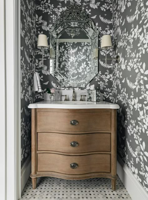 Furniture Vanity Powder Room, Powder Room Vanities Ideas, Small Powder Room Vanities, Vintage Powder Room Ideas, Traditional Powder Bathroom, Half Bath Vanity Ideas, Fancy Powder Room, Timeless Powder Room, Country Powder Room