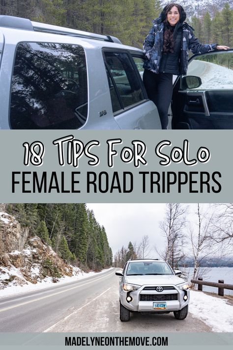 Travel Essentials For Women Road Trip, Cross Country Camping Road Trip, Cheap Road Trip Snacks, I-80 Road Trip, Car Camping Road Trip, Solo Car Camping Women, Girls Road Trip Essentials, Twilight Road Trip, Traveling Alone Tips