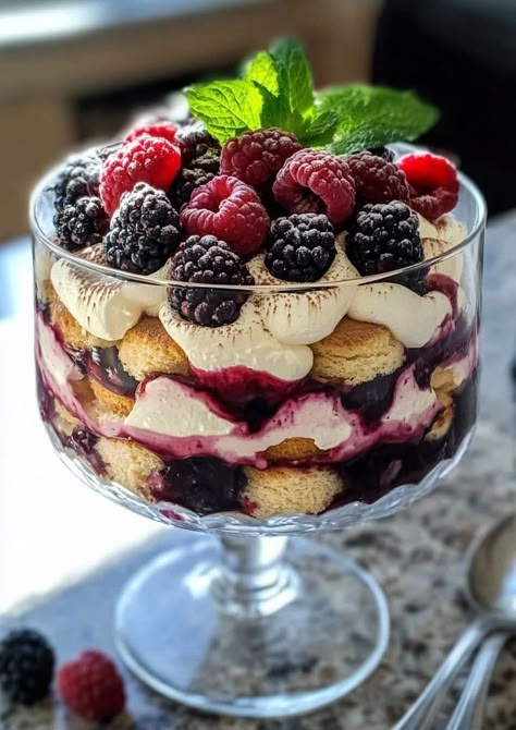 Berry Tiramisu Trifle – Delectable Recipe Desserts In A Glass Layered, Berry Tiramisu Trifle, Berry Tiramisu Recipe, Merry Berry Recipes, Cheesecake Trifle Recipes, Blackberry Tiramisu, Blackberry Trifle, Tiramisu Trifle Recipe, Best Trifle Recipes