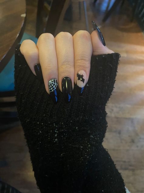 spooky halloween nails i got with a bat and a spiderweb, im obsessed! #goth #bat black nails #black #nails #spiderweb #emo #nails Black Spider Web Nails Coffin, Black Pointy Halloween Nails, Simple Goth Nail Art, How To Do A Spider Web On Nails, Spooky Nails Coffin Shape, Halloween Nails Cobweb, Halloween Spiderweb Nails, Simple Goth Nails Almond, Simple Goth Nail Ideas