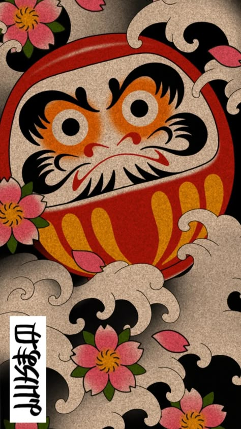 Daruma tattoo Japanese Tattoo Art Wallpaper, Daruma Full Sleeve Tattoo, Daruma Hand Tattoo, Japanese Daruma Tattoo Design, Orientalism Tattoo, Daruma Doll Tattoo Design, Japanese Tattoo Flower, Daruma Tattoo Design, Tattoo Daruma