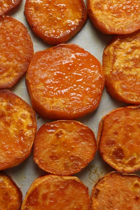 Baked Sweet Potato Slices - Organically Addison Oven Baked Sliced Sweet Potatoes, Sliced Sweet Potatoes In The Oven, Bake Sweet Potato In Oven, Baked Sweet Potato Oven, Baked Sweet Potato Slices, Spicy Potatoes, Sweet Potato Oven, Organically Addison, Sweet Potato Patties