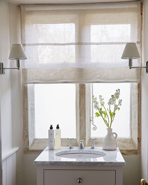 Sheer blinds to complement the historic stone mullion windows of this former rectory. @simshilditch have worked their magic to turn this… | Instagram Elegant Half Bath, Modern Country Bathroom, Sims Hilditch, Ensuite Ideas, Bathroom Niche, Sheer Blinds, Bathroom Blinds, Rustic Bathroom Vanities, House Blinds