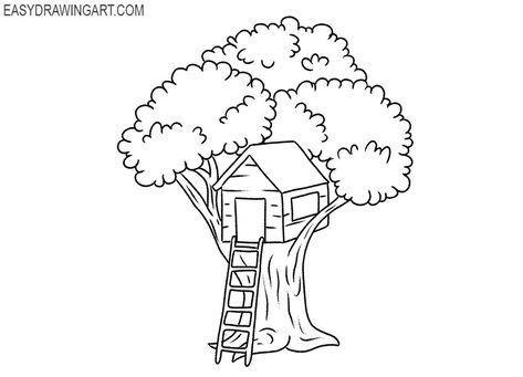 Treehouse Drawing Easy, Tree House Drawing Easy, Treehouse Drawing Simple, Treehouse Drawing, Tree House Drawing, Simple House Drawing, Draw A Tree, Spring Drawing, Pencil Drawing Images