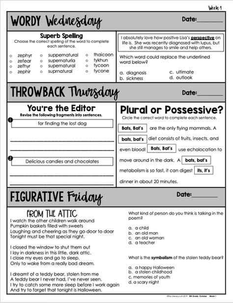 6th Grade English, 8th Grade English, Math Morning Work, Daily Review, 8th Grade Ela, Bell Work, Ela Classroom, High School Ela, Middle School Reading