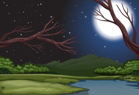 Download A nature landscape at night Vector Art. Choose from over a million free vectors, clipart graphics, vector art images, design templates, and illustrations created by artists worldwide! Cartoon Night Background, Cartoon Background Images Hd, 3d Cartoon Background, Cartoon Background Hd, Cartoons Background, Cartoon Background Images, Landscape At Night, Jungle Cartoon, Jungle Images