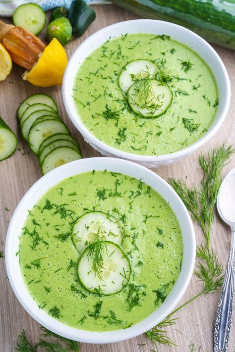 Cucumber Soup Cold, Dill Soup Recipe, Cold Cucumber Soup, Creamy Cucumber Tomato Salad, Dill Soup, Summer Soup Recipes, Cold Soup Recipes, Cucumber Soup, Gazpacho Recipe