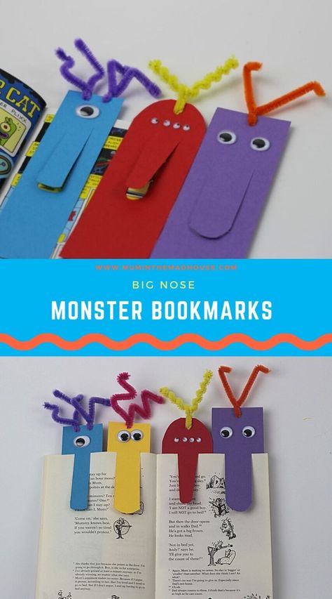 Big Nose Monster Bookmarks - Mum In The Madhouse Making Bookmarks With Kids, Bookmark Diy Kids, Diy Book For Kids, Books Crafts For Kids, Diy Kids Bookmarks, Diy Bookmarks Kids, Diy Bookmarks For Kids, Diy Bookmarks Creative, Bookmarks Diy Kids