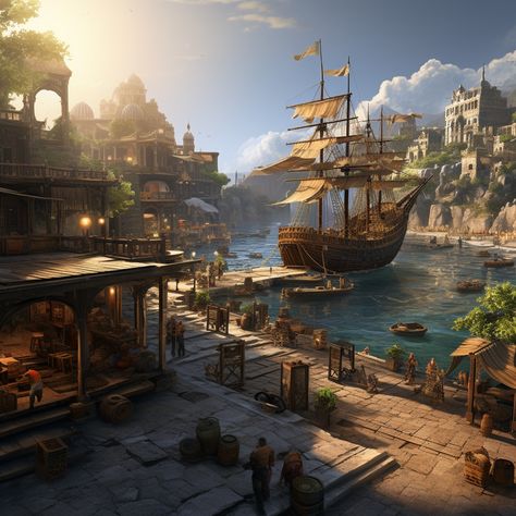 an image of Ivora, a bustling and expansive pirate city-state, characterized by a chaotic yet vibrant atmosphere. The city should be a blend of rugged pirate aesthetics and exotic architecture. Imagine a sprawling harbor filled with various ships, from sleek pirate vessels to large trade galleons. The skyline is dominated by a mixture of weathered stone buildings, wooden shacks, Pirates Of The Caribbean Landscape, Pirate Environment Concept Art, Ship Dock Concept Art, Dnd Pirate Aesthetic, Island City Aesthetic, Fantasy Pirate Town, Fantasy Pirate City, Pirate Island Art, Pirate Hideout Concept Art