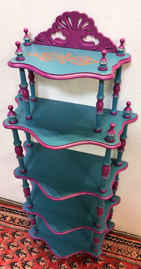 Whimsical Salon Decor, Maximalist Painted Furniture, Fun Painted Furniture, Funky Painted Shelves, Painting Shelves Ideas, Upcycle Shelves, Shelf Painting Ideas, Funky Painted Furniture Ideas, Eccentric Furniture