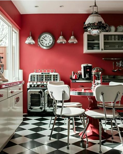 50s Themed Kitchen, Diner Themed Kitchen, Rockabilly Kitchen, Diner Style Kitchen, Retro Diner Decor, Rockabilly Home Decor, 50s Kitchen, Themed Kitchen, Red Kitchen