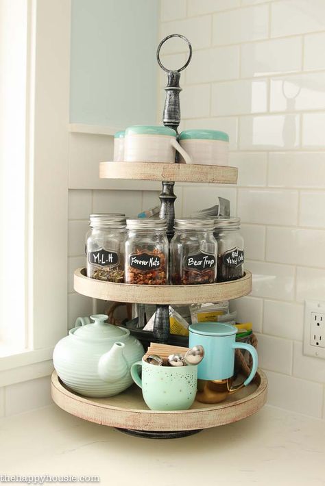 Lazy Susan Kitchen Countertop Organization Küchen In U Form, Organiser Cucina, Kitchen Countertop Organization, Desain Pantry, Tea Station, Countertop Organization, Coffee Bars In Kitchen, Coffee Bar Ideas, Diy Kitchen Storage