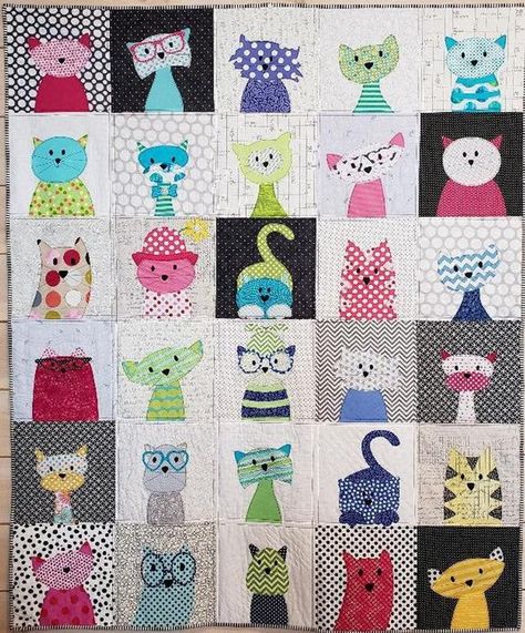 Kitty Quilt Cat Quilt Modern Whimsical Can be Personalized | Etsy Puppy Quilt, Cat Applique Designs, Kitty Quilt, Japanese Quilt Patterns, Cat Quilt Block, Cat Quilt Patterns, Cat Applique, Basic Quilt, Quilt Modern