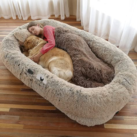 WORS Human Dog Bed provides a new way to accommodate you and your pet to rest and play at the same time! The bed cover fabric is made of premium faux fur plush. There is an added storage pocket on the side where you can store small items. In addition, there is also a strap to contain the bed and place away when not using. The bottom features non-slip rubber particles to prevent sliding. Machine-washable & extremely cozy! *This pin includes an affiliate link that is eligible for commission. Dog Bed For People, Human Dog Bed, Human Dog, Extra Large Dog Bed, Faux Fur Bedding, Fur Bedding, Pet Sofa Bed, Pillow Blanket, Giant Dogs