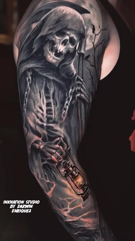 Reaper Arm Tattoo, Reaper Sleeve Tattoo, Grim Reaper Sleeve Tattoo, Grim Reaper Sleeve, Tattoos Arm Mann, Halloween Sleeve, Halloween Tattoos Sleeve, Grim Reaper Tattoo, Reaper Tattoo