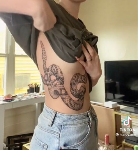 Snake Tattoos Rib Cage, Snake Tattoo On Ribcage, Snake Tattoo On Ribs For Women, Snake Rib Tattoo, Snake Ribs Tattoo, Snake Wrapped Around Body Tattoo, Large Snake, Largest Snake, Snake Tattoo