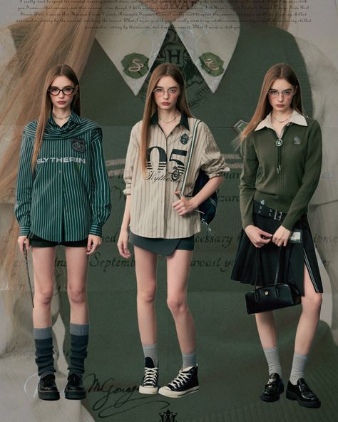 Classic British Style Slytherin Outfits! 🐍✨ Search "Slytherin" on devilinspired.com to shop! Enjoy 12% off with code HS12 and FREE shipping on orders over $99! 🍂🖤 #slytherin #hogwartsfashion Slytherin Lookbook, Gp Outfit, Slytherin Style, Slytherin Outfit, Classic British Style, British Style, Hogwarts, Lookbook, Free Shipping