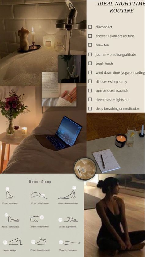 Yoga Evening Routine, Night Routine Inspiration, Aesthetic Bedtime Routine, Night Time Routine Aesthetic Photos, Aesthetic Nighttime Routine, Bath Night Routine, Cozy Yoga Aesthetic, Evening Yoga Aesthetic, Cozy Evening Routine