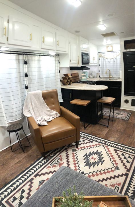 After living room Single Wife Trailer Living Room, Western Boho Rv Decor, Western Rv Decor, Airbnb Trailer, Western Camper Remodel, Reno Camper, Camper Flip, Boho Rv, Rv Porch