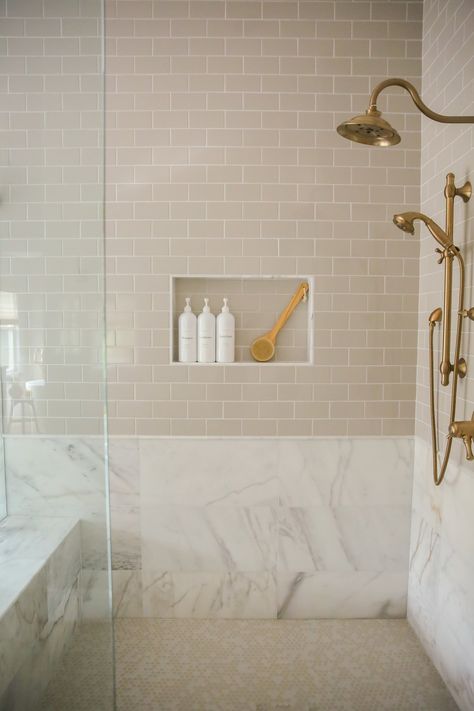 Melodia Remodel — LS Design Studio Roca Tile Bathroom, Tile Arch Bathroom, Shower Panels Wall Ideas Quartz, Primary Bath Inspiration, Bathroom No Tiles On Walls, Mixed Tile Shower Wall, Soldier Stack Tile Bathroom, European Inspired Bathroom, Timeless Primary Bathroom