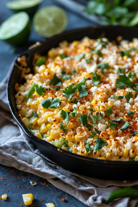 Elote corn in a skillet topped with cheese, cilantro, and spices, with lime wedges in the background. Mexican Style Side Dishes, Healthy Elote Recipe, Best Elote Recipe, Skillet Mexican Street Corn Recipe, Mexican Corn Skillet, Easy Elote Recipe With Canned Corn, Sauteed Corn Mexican, Elote Recipe Skillet, Mexican Dinners Authentic