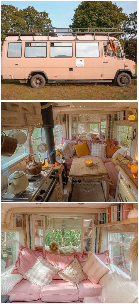 Josie, a self-employed dancer in the UK, transformed a 2002 Mercedes Vario minibus into a charming, fully-functional  home on wheels. The interior boasts a cozy, country-style kitchen made from reclaimed materials, a homemade sofa from recycled items, and an innovative sleeping area with distinct living and bedroom spaces separated by mirrored  shutters. The van includes a composting toilet and a recirculating shower  system. #tinyhome #busconversion #skoolie Small Home Organization Ideas, Small Home Storage Ideas, Small Home Storage, Small Home Organization, Home Storage Ideas, Small House Organization, House Storage, Home Organization Ideas, Bus Living